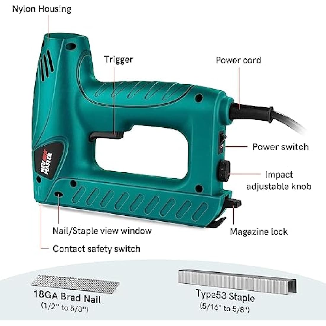 NEU MASTER Electric Brad Nailer, Staple Gun PLD6013 with Contact Safety and Power Adjustable Knob for Upholstery and Home Improvement