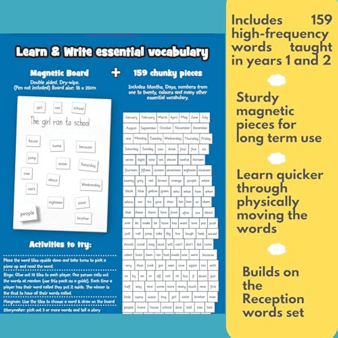 Magnetic Words Years 1 & 2 by Fiesta Crafts - Learning Resources - 160 word pieces & Magnetic Board - Early Development & Learning Toy. Ages 5+