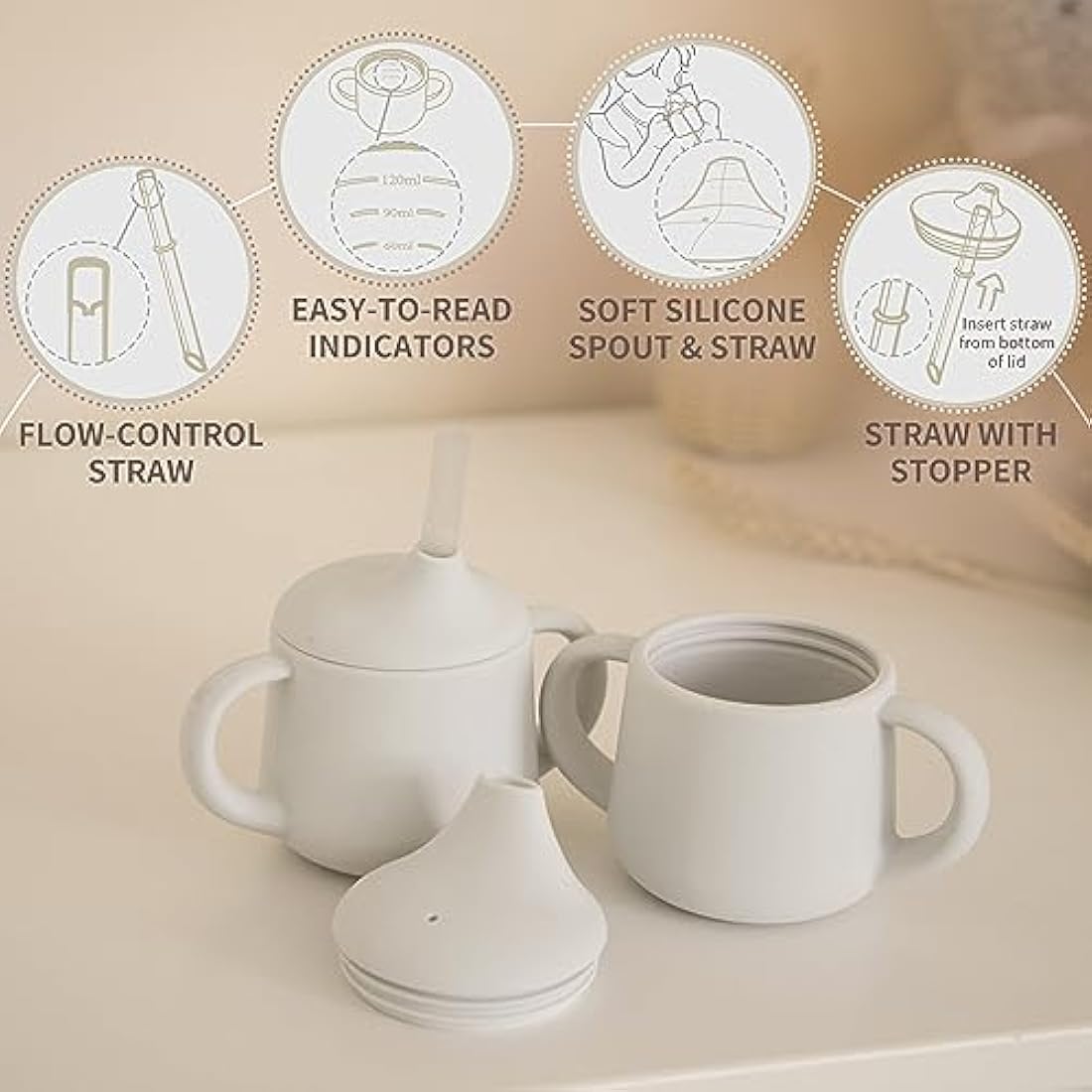 Moonkie Silicone Baby Sippy Cup 6+ Months with 2 Straws (Free Flow & Leak-Proof Valve) | 3 Stage Transition | Baby Water Bottle | BPA Free & Dishwasher Safe | 120ml(Ivory)