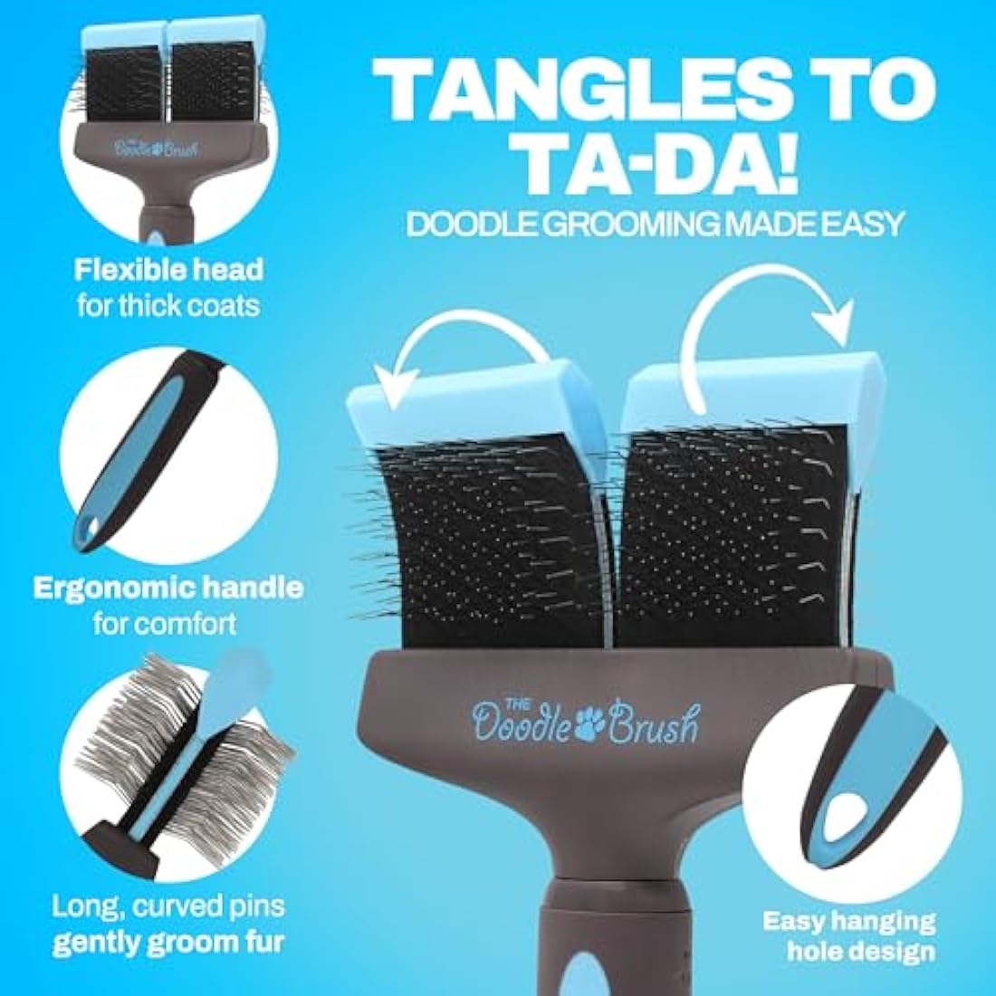 The Doodle Brush - Slicker Dog Brushes for Grooming Long Haired Dogs, Flexible Dog Grooming Brush Set for Cavapoo, Poodle Comb, Labradoodle, Goldendoodle, Cockapoo Gifts - Double Head Detangler