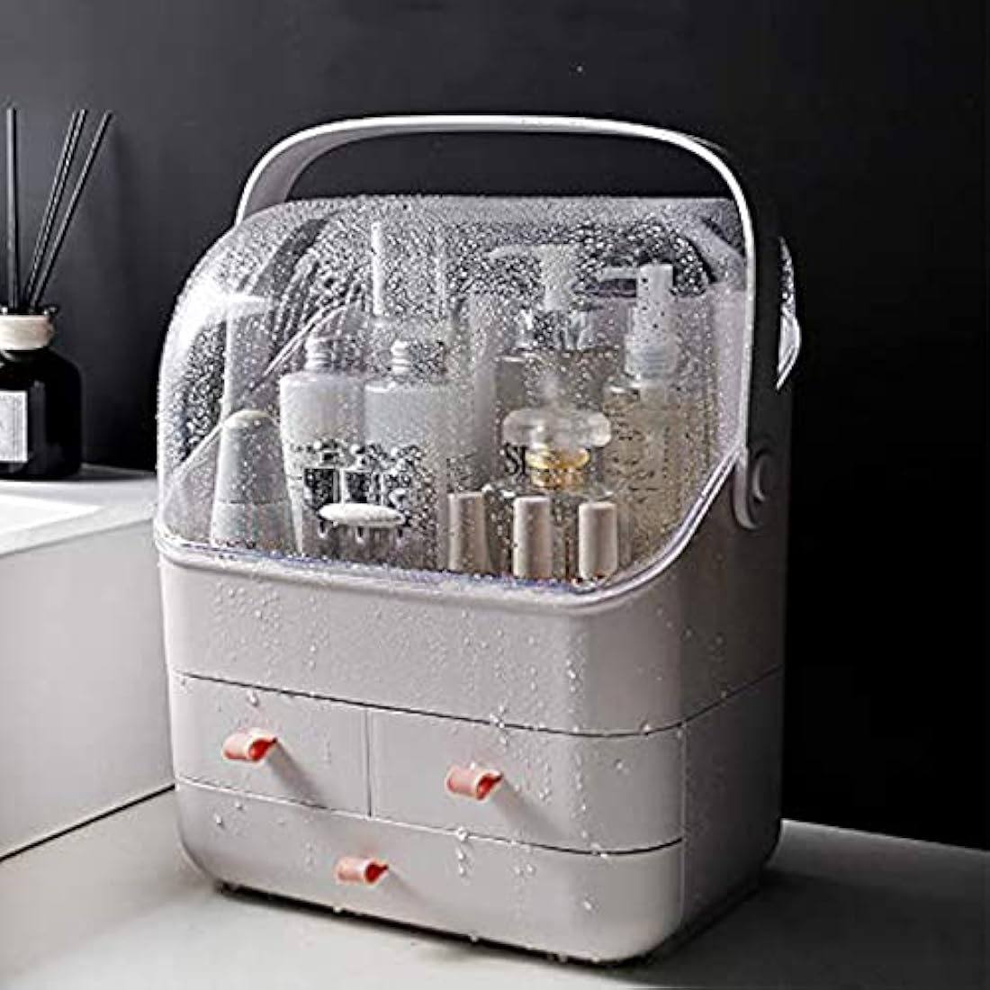 LINFIDITE Cosmetic Storage Box with Lid Makeup Organizer Box with Dust Free Cover Portable Handle,Large Makeup Display Case with Drawers Fully Open Lid,Great for Bathroom Countertop Bedroom Dresser