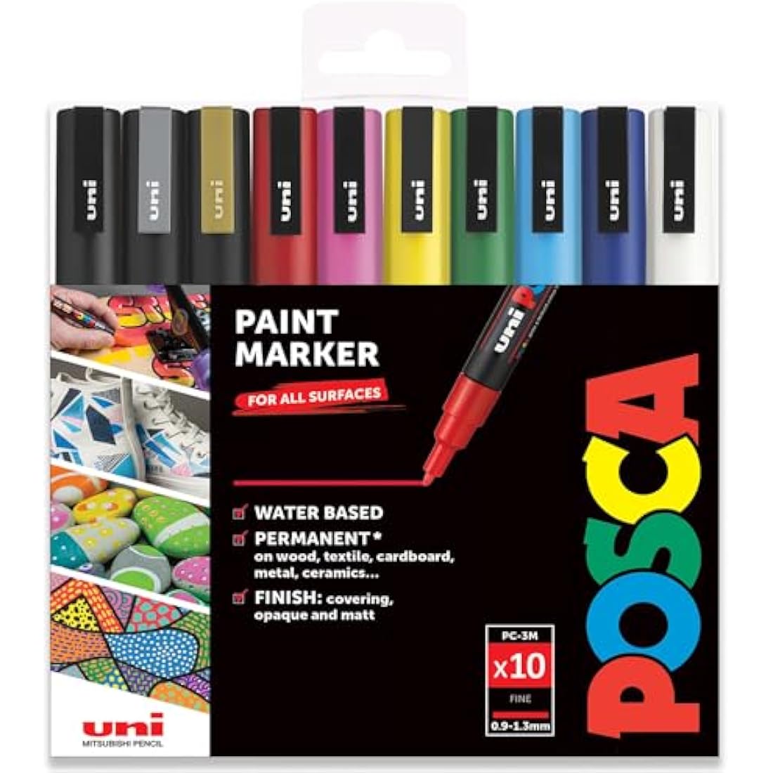 Posca Water Based Permanent Marker Paint Pen - Multi Surface Use - PC-3M, 0.9-1.3mm - Set of 8 in Gift Wallet - Essential Tones