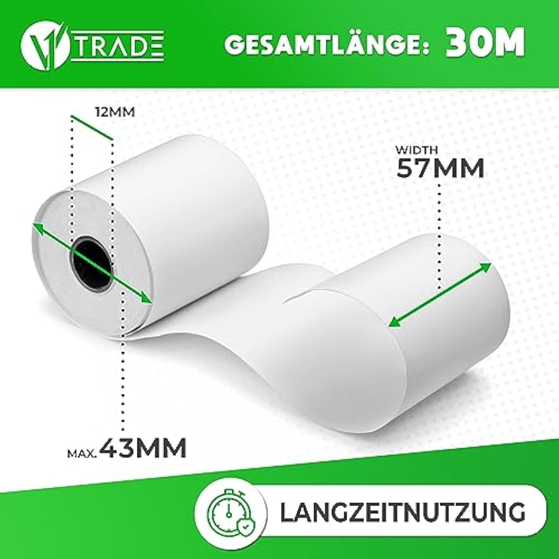 V1 Trade Thermal Rolls 57 mm x 30 m x 12 mm (Pack of 50) – Till Rolls 57 mm Thermal for Cash Register – EC Rolls Made of Thermal Paper 42 g/m² – Receipt Rolls Thermal 57 mm for Receipt Printers