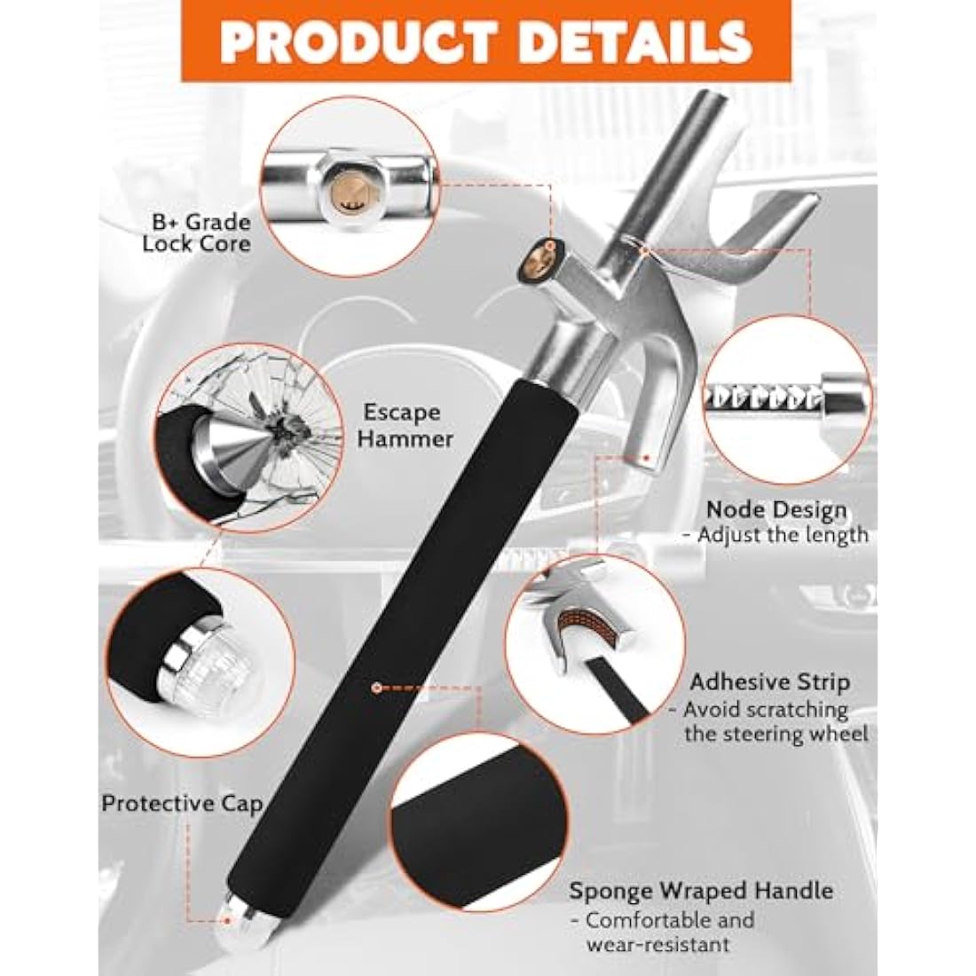 Tevlaphee Steering Wheel Lock, Steering Lock, Car Anti-Theft Device, Adjustable, Universal Fit, Heavy Duty Secure, 3 Keys, Emergency Hammer Window Breaker(Black)