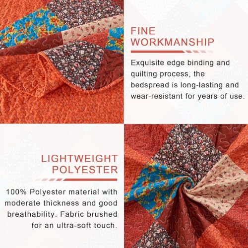 Qucover Quilted Bedspread Super King, Multicolour Print Red Orange Blue Patchwork Quilt with 2 Pillow Shams, All Seasons Lightweight Soft Microfiber