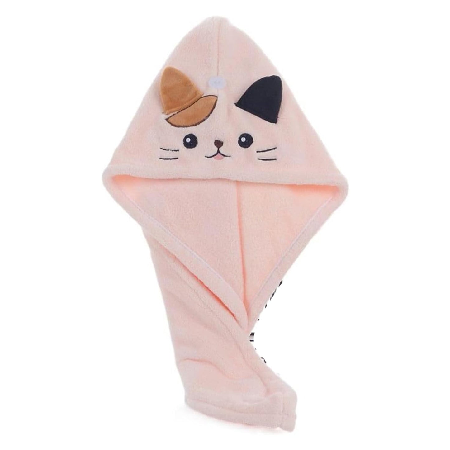 hankousi 1Pcs Microfibre Hair Turban, Quick Dry Adjustable Button and Elastic Strap Drying Towel with Cute Cat Design Pink Coral Fleece Wrap for