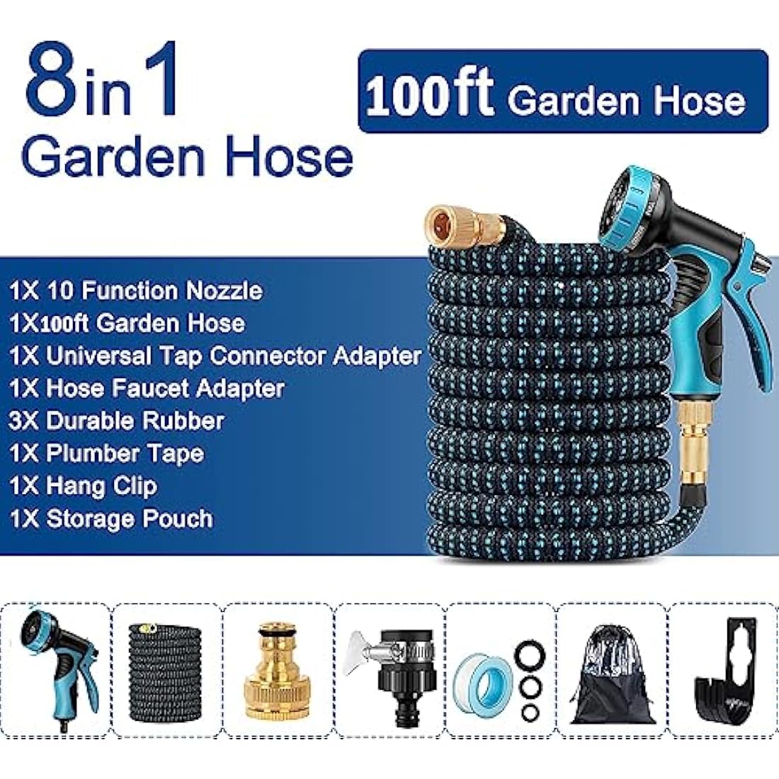 Garden Hose 100FT Garden Retractable Hose with 3/4", 1/2 Fitting and 16mm Universal Adapter Garden Hose with 10 Patterns of Water Spray Guns for Gardens Garden Watering Car Washing Pet Bathing etc.