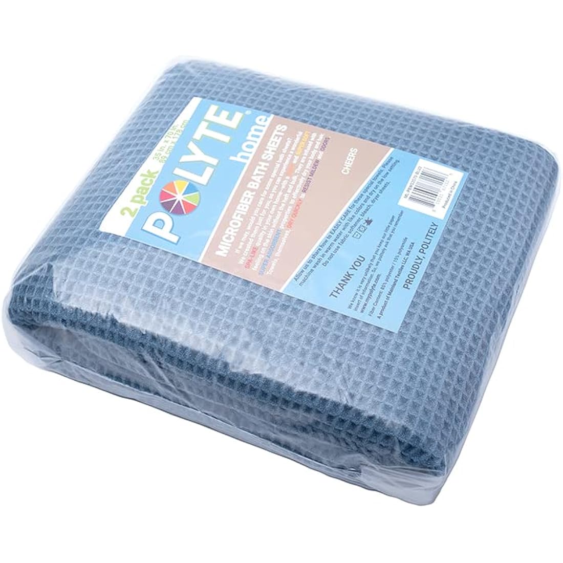 POLYTE Microfibre Quick Dry Lint Free Bath Sheet, 89 x 178 cm, Set of 2 (Blue, Waffle Weave)