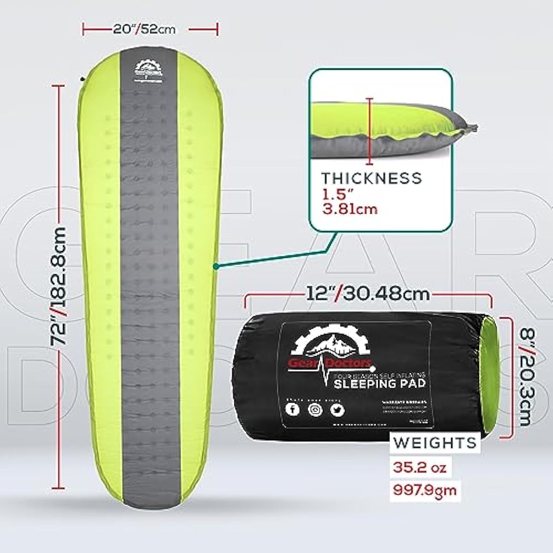 Gear Doctors - Self Inflating Sleeping Pad - 4.3 R Four Season Camping pad-1.5 Inch Thick Air Foam Hybrid- Perfect Size Mattress for Camping Backpacking Travel with Insulation for Cold Winters