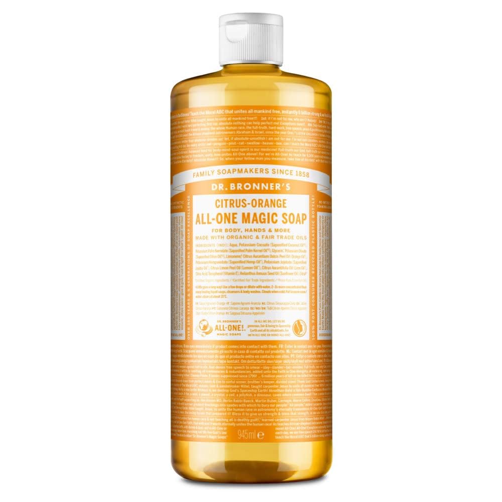 Dr Bronner's 18-in-1 Citrus-Orange All-one Magic Soap, Made with Organic Oils, Used for Face, Body, Hair, Laundry, Pets and Dishes, Certified Fair