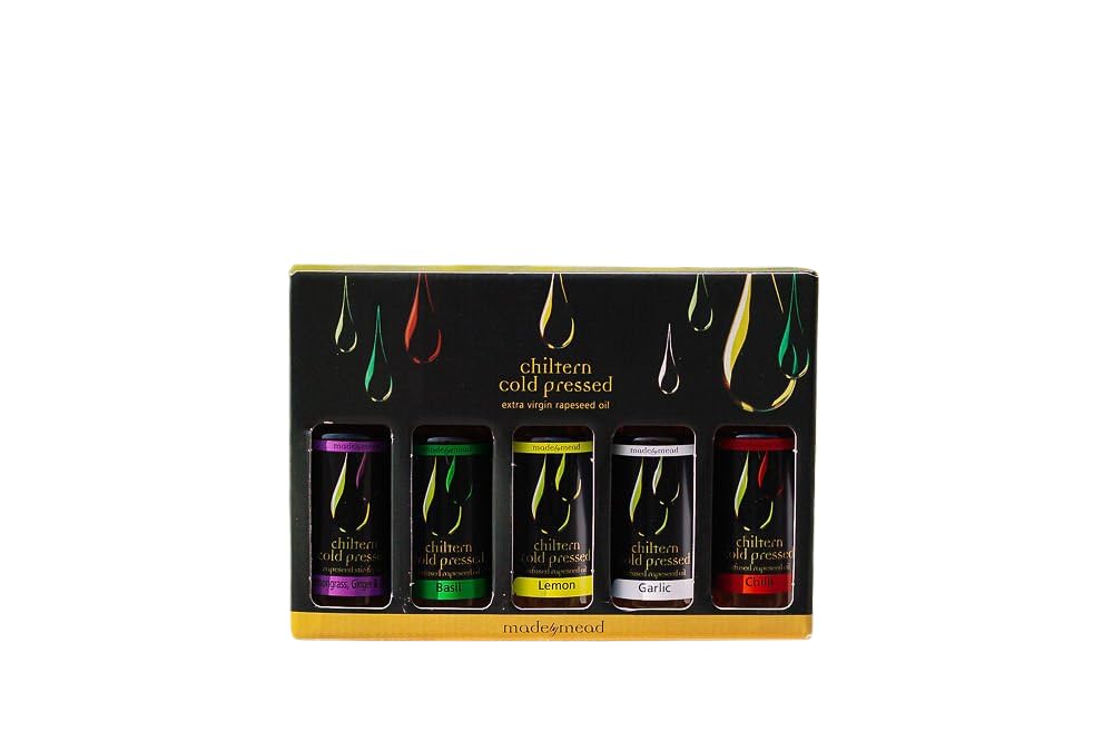 Chiltern Cold Pressed Gift Set ? Sustainable, Farm-Grown Traditional Rapeseed Oil Infusions ? Basil, Chilli, Garlic, Lemon & Stir-Fry ? 5 x 100ml