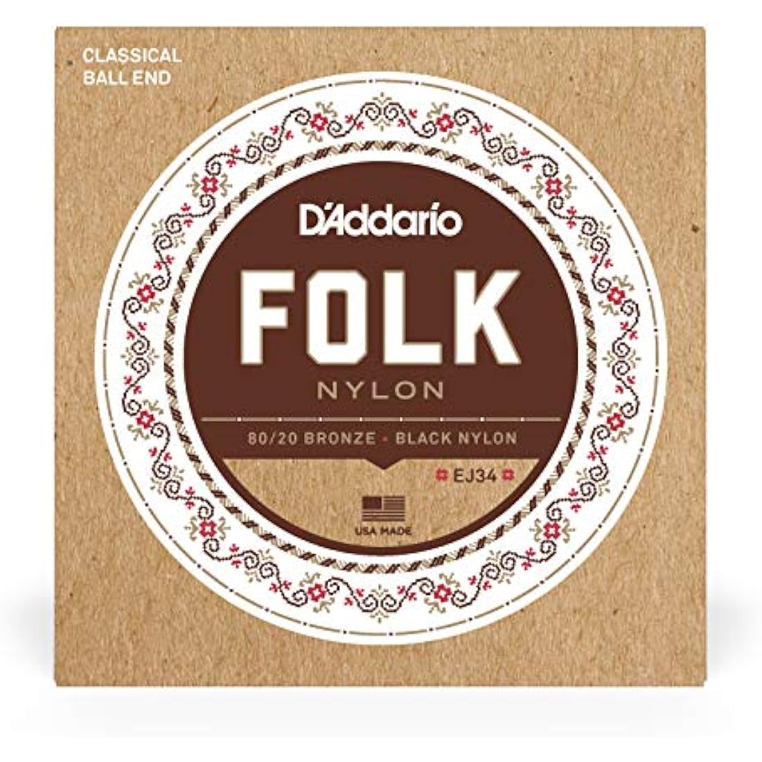 D'Addario Folk Nylon Classical Guitar Ball End String Set, Nylon, EJ34 Black Trebles 80/20 Bronze Basses