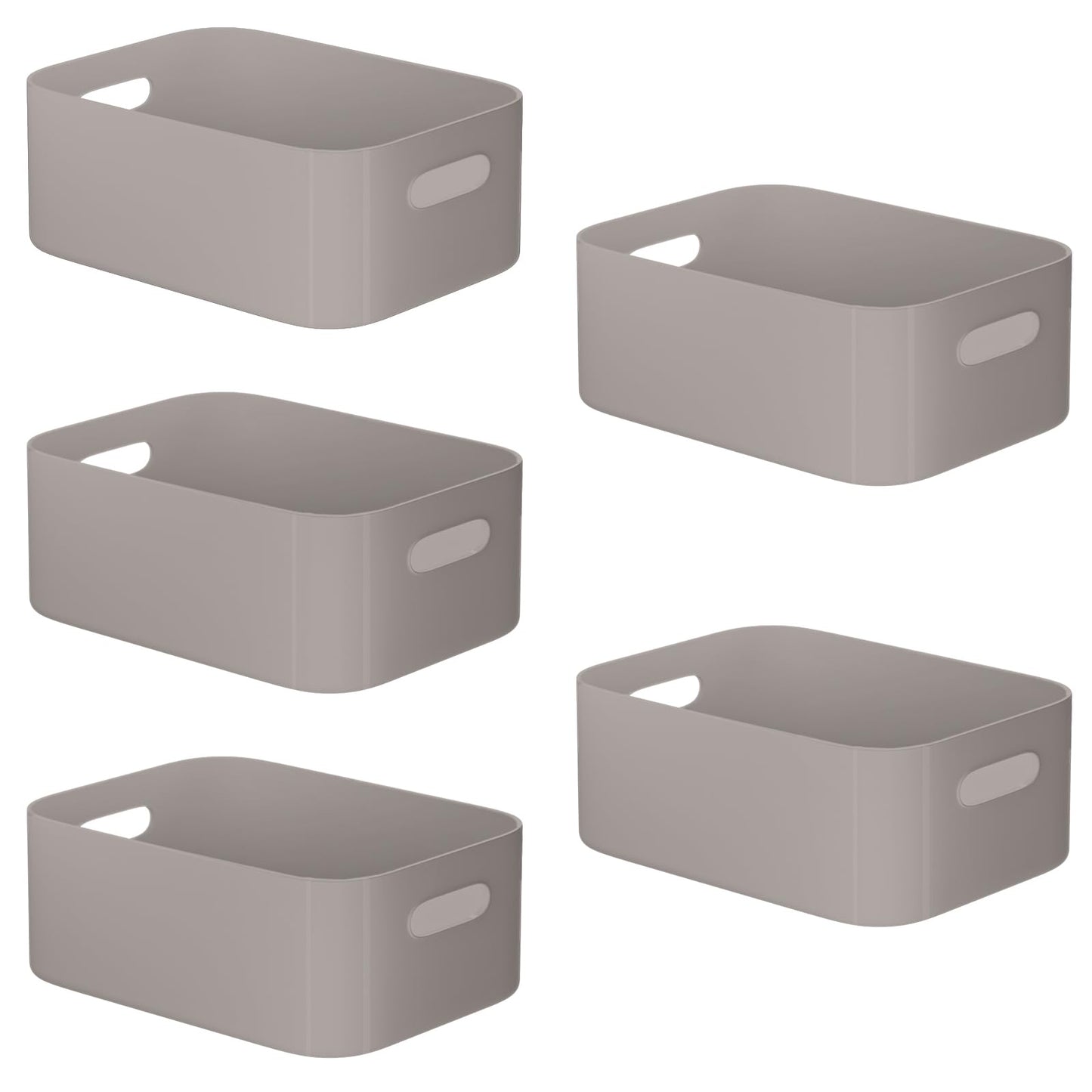 W&H 5 PCS Grey Plastic Storage Baskets with Handle, Medium Kitchen Cupboard Organiser Box, Under Sink Storage Boxes, Plastic Boxes for Bathroom