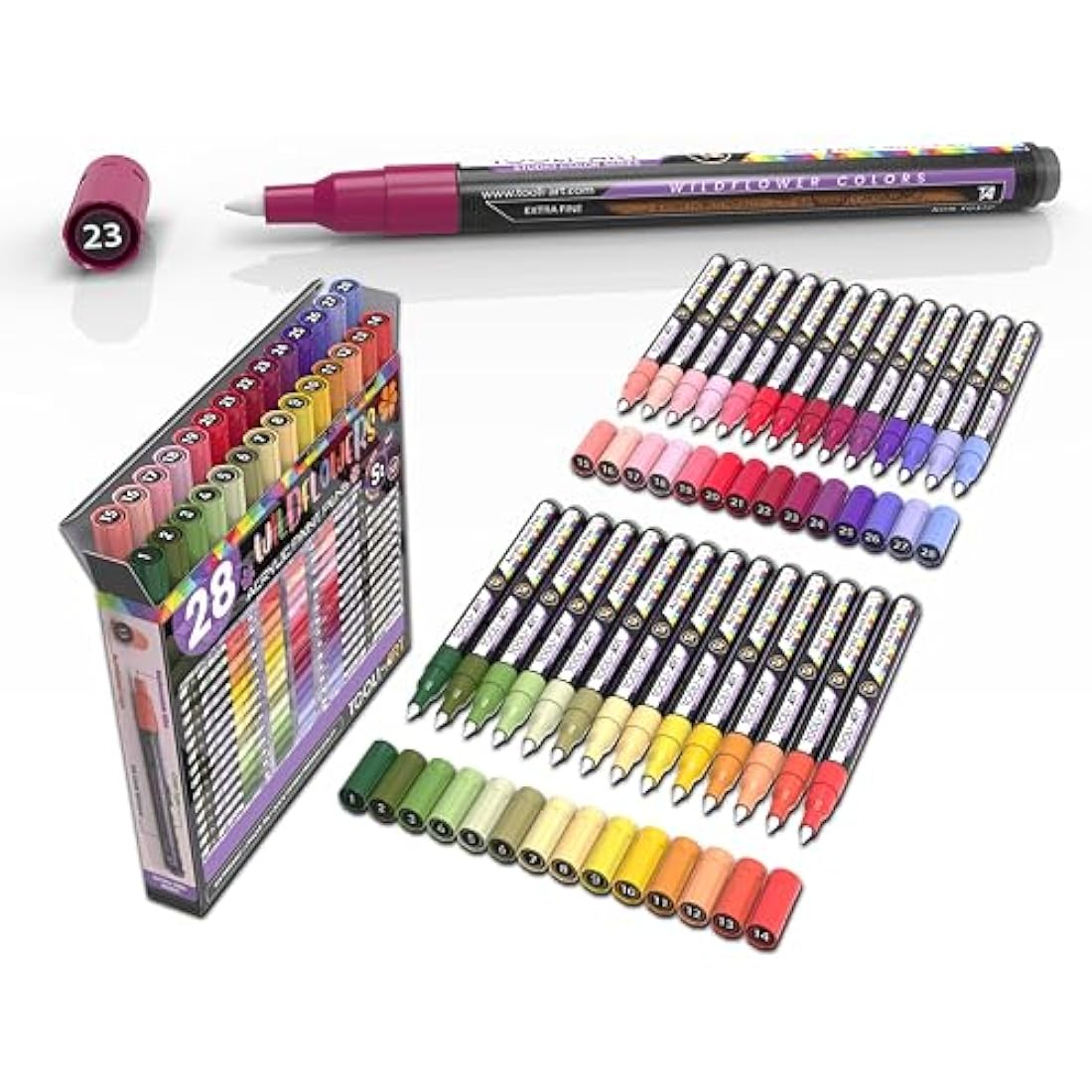 TOOLI-ART 28 Wildflower Acrylic Paint Pens Studio Colour Series Markers Set 0.7mm Extra Fine Tip, Rock Painting, Glass, Mugs, Wood, Metal, Canvas, DIY, Detailing. Non Toxic, Waterbased, Quick Drying