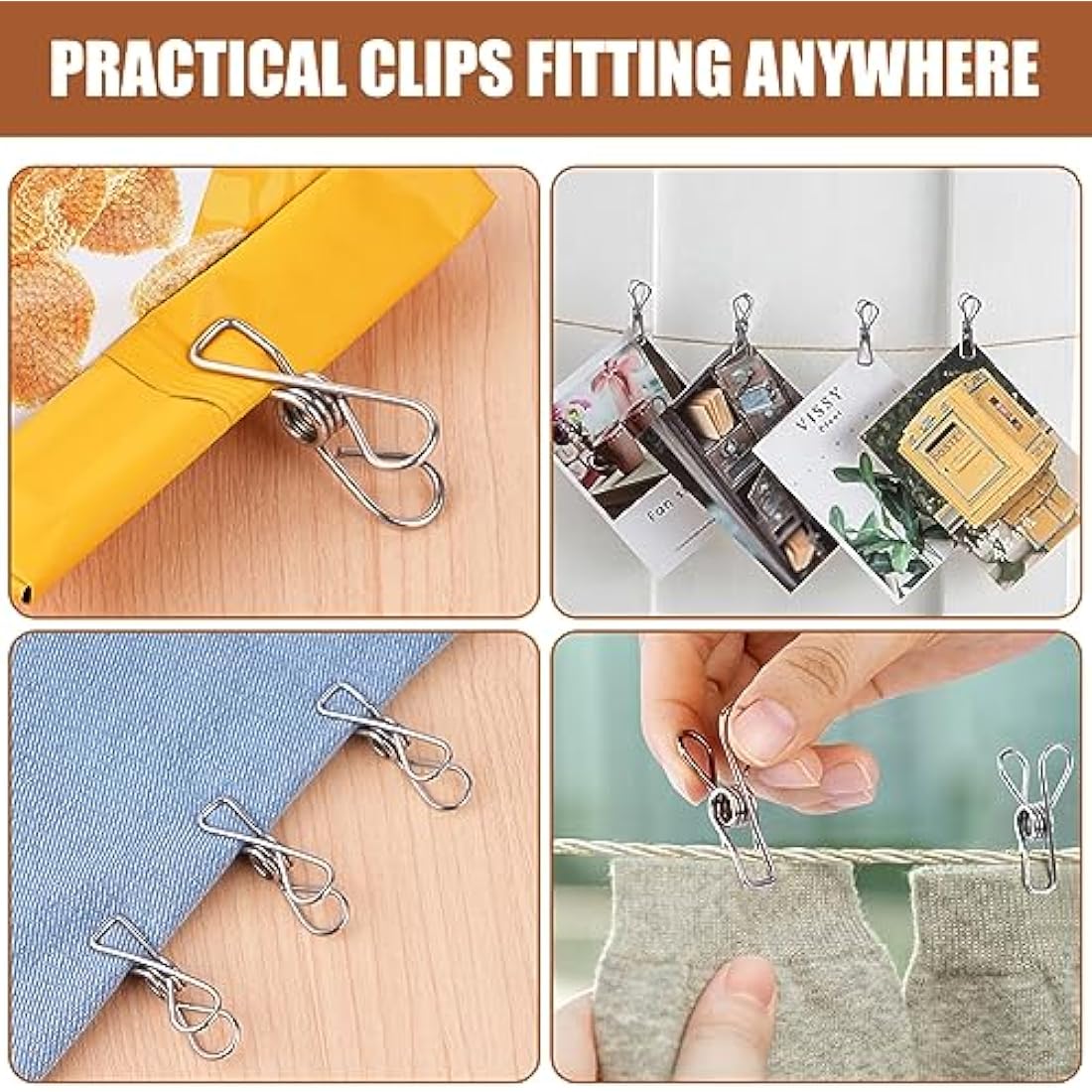 Vicloon Clothes Pegs Chip Clips, 100 Pcs Stainless Steel Clip Pin, 4.5CM Strong-Grip Metal Laundry Clips for Washing Line, Clothes Sock Hanger, Kitchen, Office