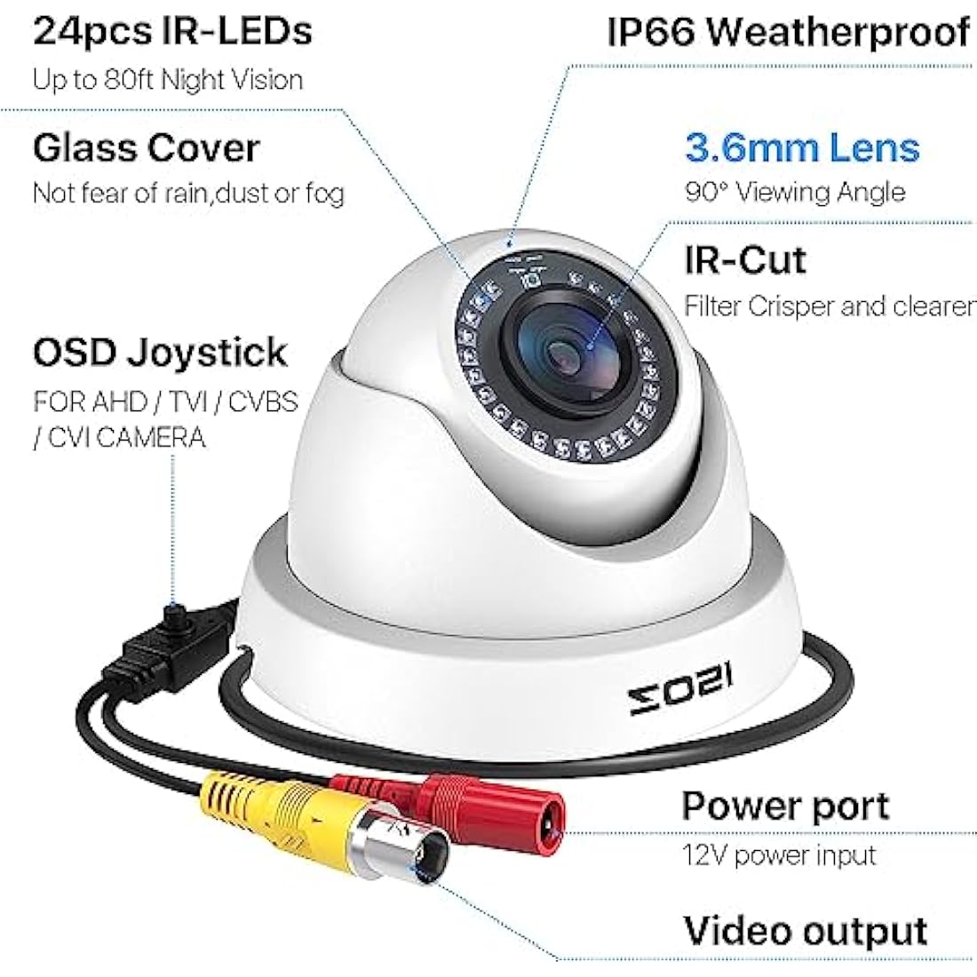 ZOSI 2 Pack 1080P HD TVI Security Camera Outdoor 80ft IR Night Vision, IP66 Weatherproof, 2MP CCTV Surveillance Dome Cameras for 720P/1080N/1080P/5MP/4K HD-TVI AHD CVI Analog DVR Systems(White)