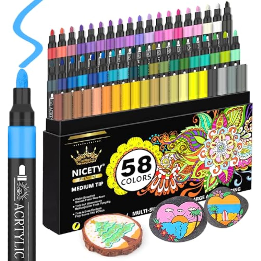 NICETY 58 Colours Acrylic Paint Pens - 3mm Medium Tip Paint Markers Rock Painting Pens for Stone Glass Wood Porcelain Ceramic Fabric - Water Based Acrylic Pens for Adults