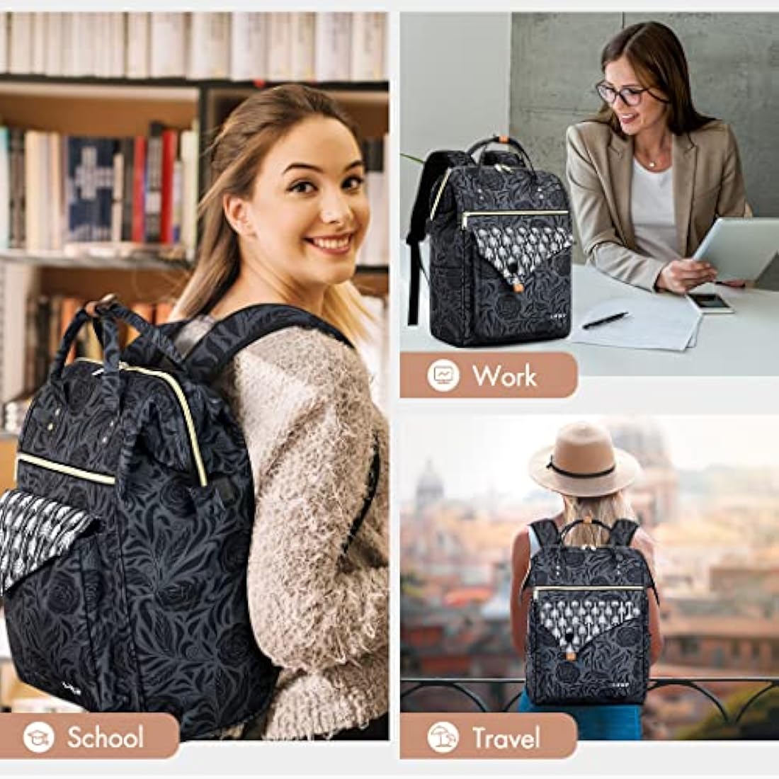 Lekesky Laptop Rucksack Bag15.6 Inch Computer Backpack School Bag for Travel Business College Women Men-Black Rose