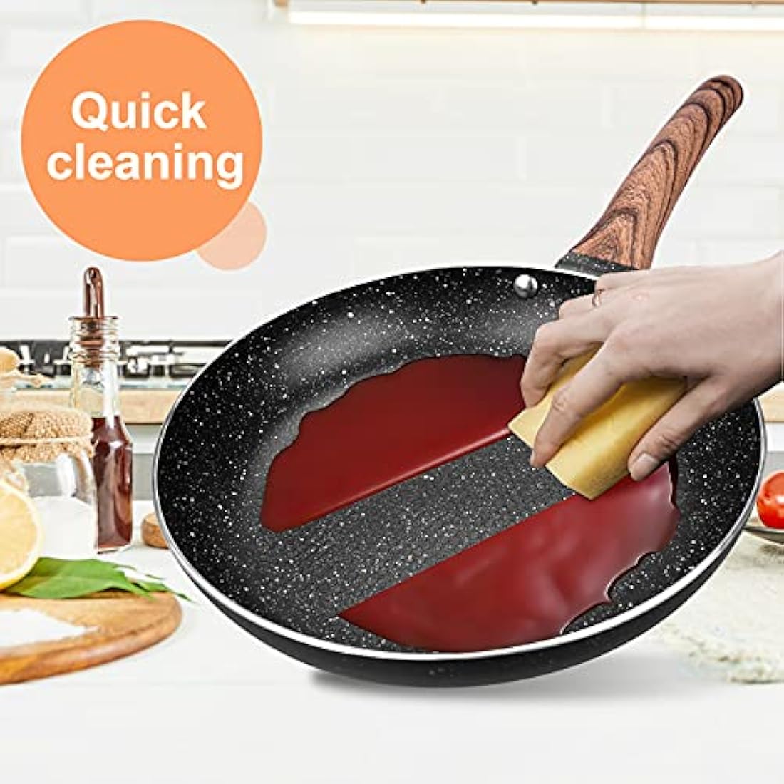 Non Stick Frying Pan 24cm with Heat-Resistant Soft Bakelite Handle, Granite Induction Frying Pan for Induction, Electric and Gas Hobs, Omelette Pan Less Oil Fumes (Black)