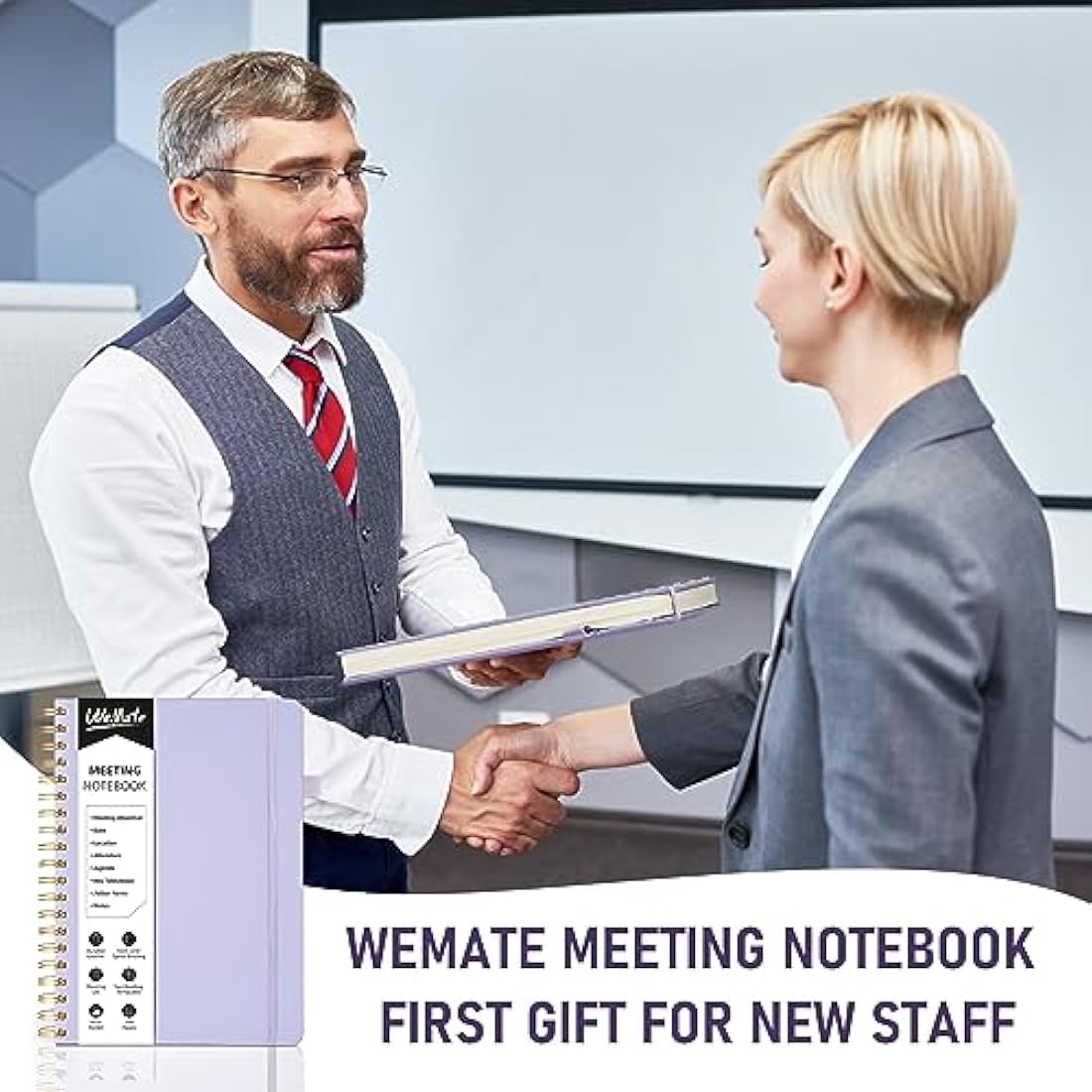 WEMATE Meeting Notebook B5 (7"x10") - PU Leather Planner Notebook with Agenda, Action Items & Notes - 200 Pages for Men&Women, Staff and Students, Meeting, Projects Planning - Light Purple