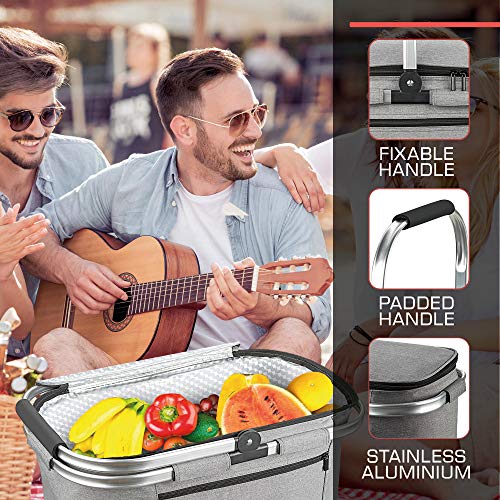 bomoe Insulated Picnic Basket ? Foldable Thermal Basket 32 Litre ? Thermal Cooler Bag with 2 Ice Packs Picnic Cool Bag with 16h Cooling Function &