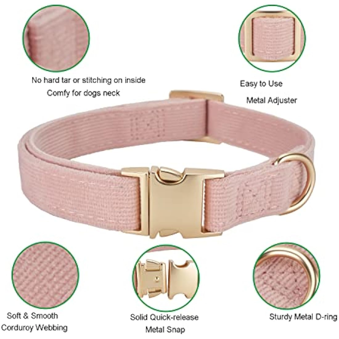 YUDOTE Ultra-soft Dog Collar Natural Cotton Corduroy Made for Small Dogs with Sensitive Skin,Dusty Pink