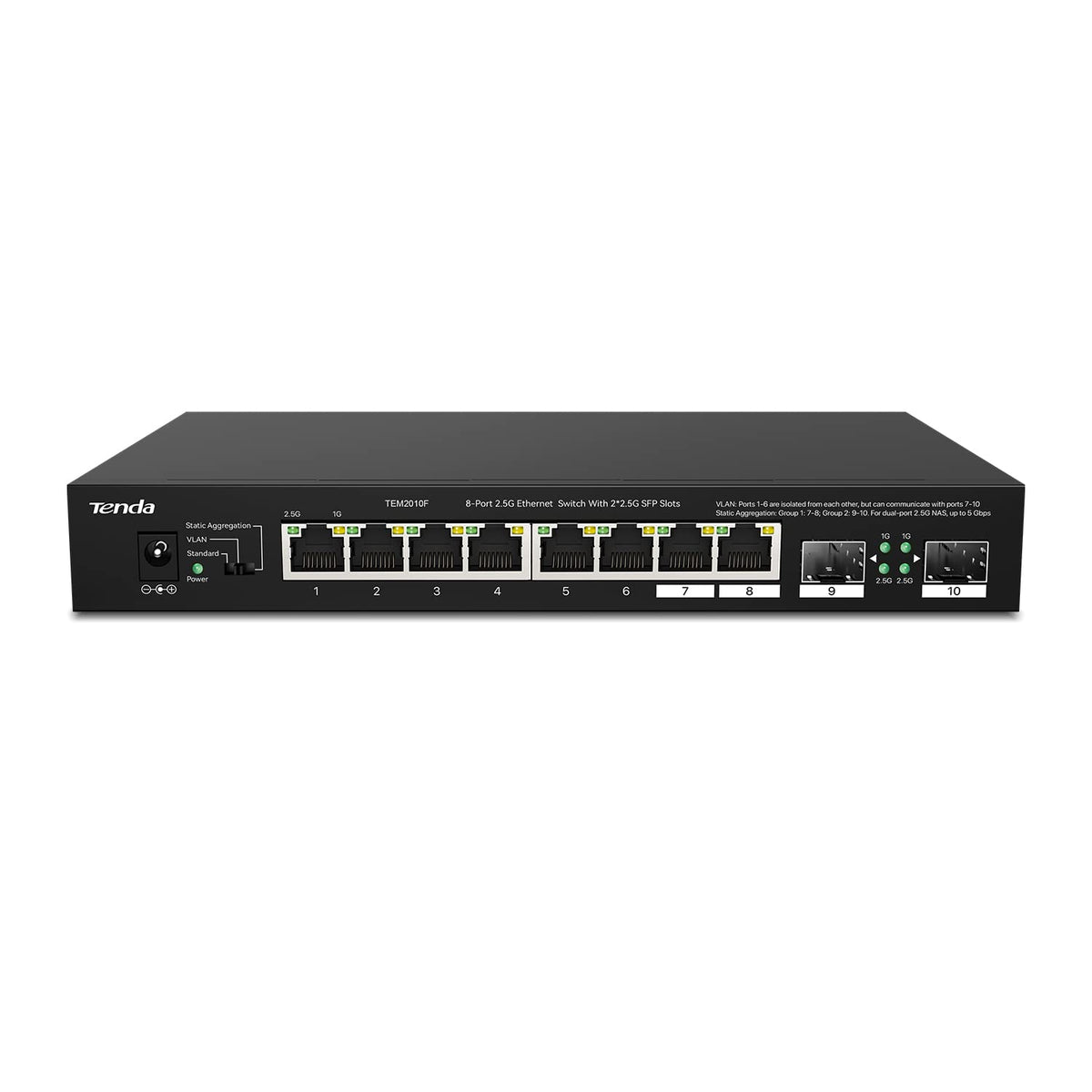 Tenda TEM2010F 10 Ports 2.5G Multi-Gigabit Unmanaged Switch, 2 SFP Ports, VLAN, Static Aggregation, 50Gbps Switching Capacity, Desktop/Wall Mounting,