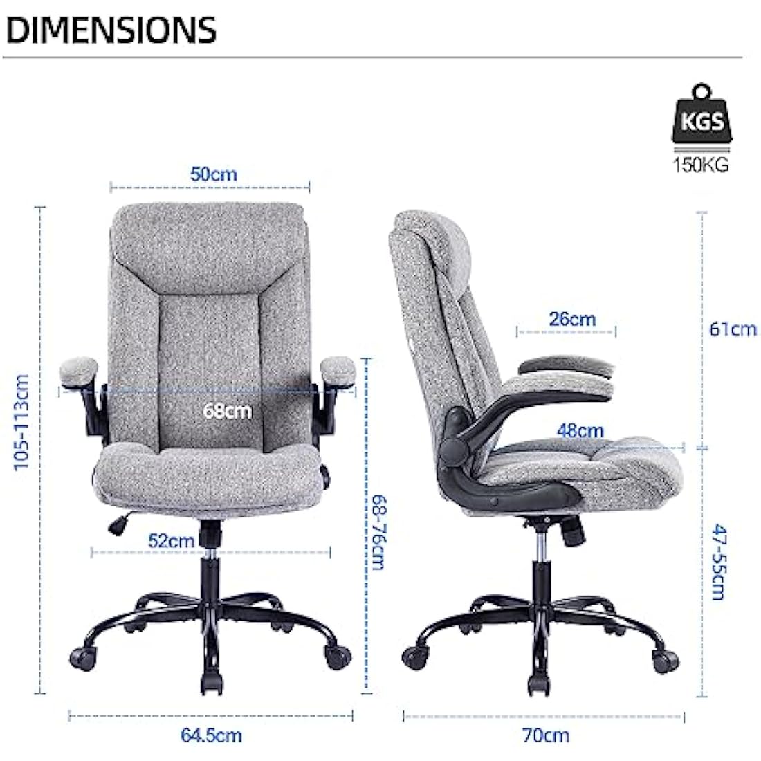 MZLEE Executive Office Chair, Ergonomic Computer Desk Chair Swivel Work Chair with Flip-up Armrest, Adjustable Height, Comfortable for Office Home Gaming(Grey Fabric)