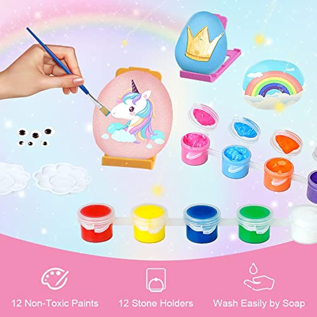 Lekebaby Unicorn Rock Painting Kit, Arts and Crafts for Kids 3-12 Years Old, Presents for Girls Boys Age 3+, Pink