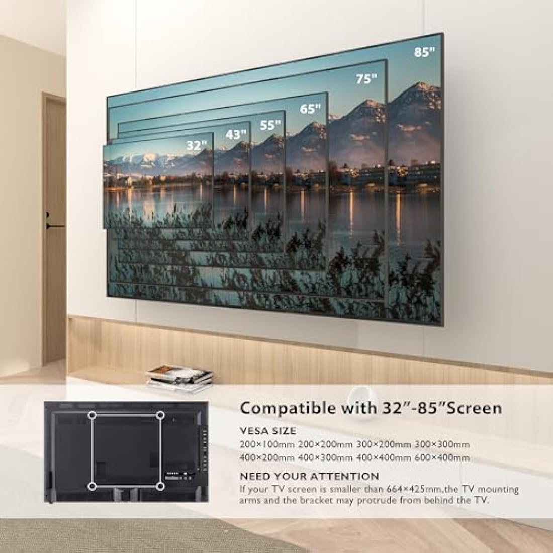 BONTEC TV Wall Bracket for 32-85 Inch LED LCD, Full Motion Swivel Tilt TV Wall Mount, Heavy Duty Dual Arms up to 60kg, Max VESA 600x400mm, Universal TV Mount with HDMI Cable
