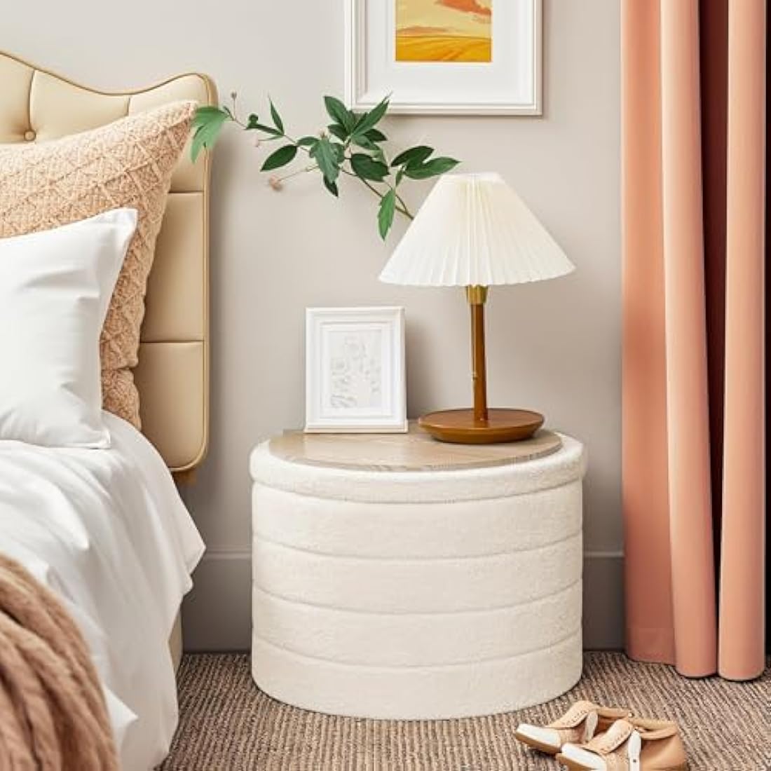 Bonlife Large Round Ottoman with Storage,Folding Boucle Stool,Ottoman Coffee Table,Chest Toy Box,Footstool for Living Room,Bedroom,White,56x56x40cm