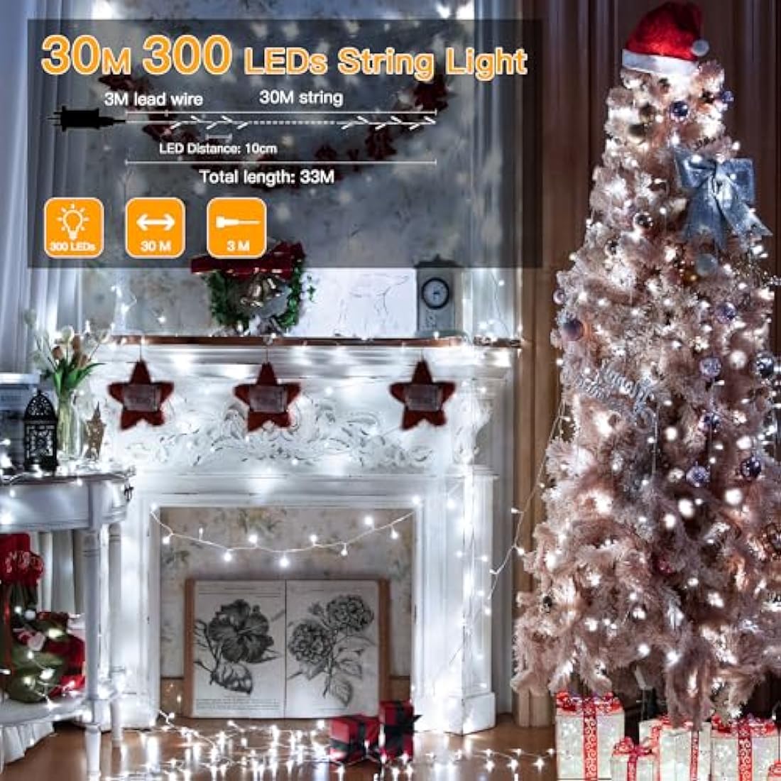 Ollny 30m 300 LED Fairy Lights Mains Powered, Outdoor Waterproof String Light with Remote/Plug/Modes/Timer, Bright Cool White Lighting Outside Indoor Garden Tree Party Wedding Decorations