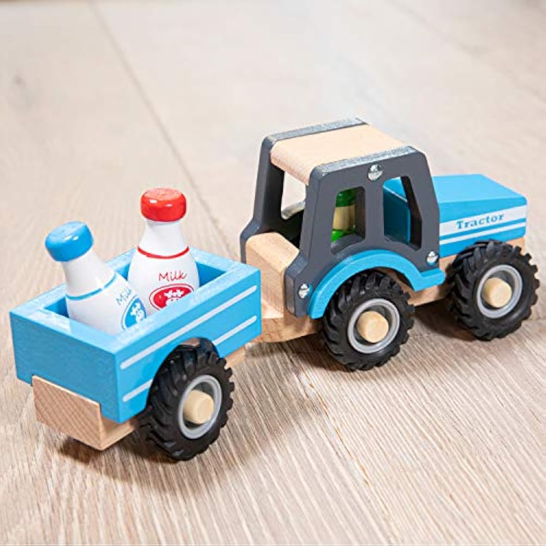 New Classic Toys 11942 Wooden Tractor with Trailer and Milk Bottles for Children 18 Months and Up Boys and Girls Baby Gifts, Blue