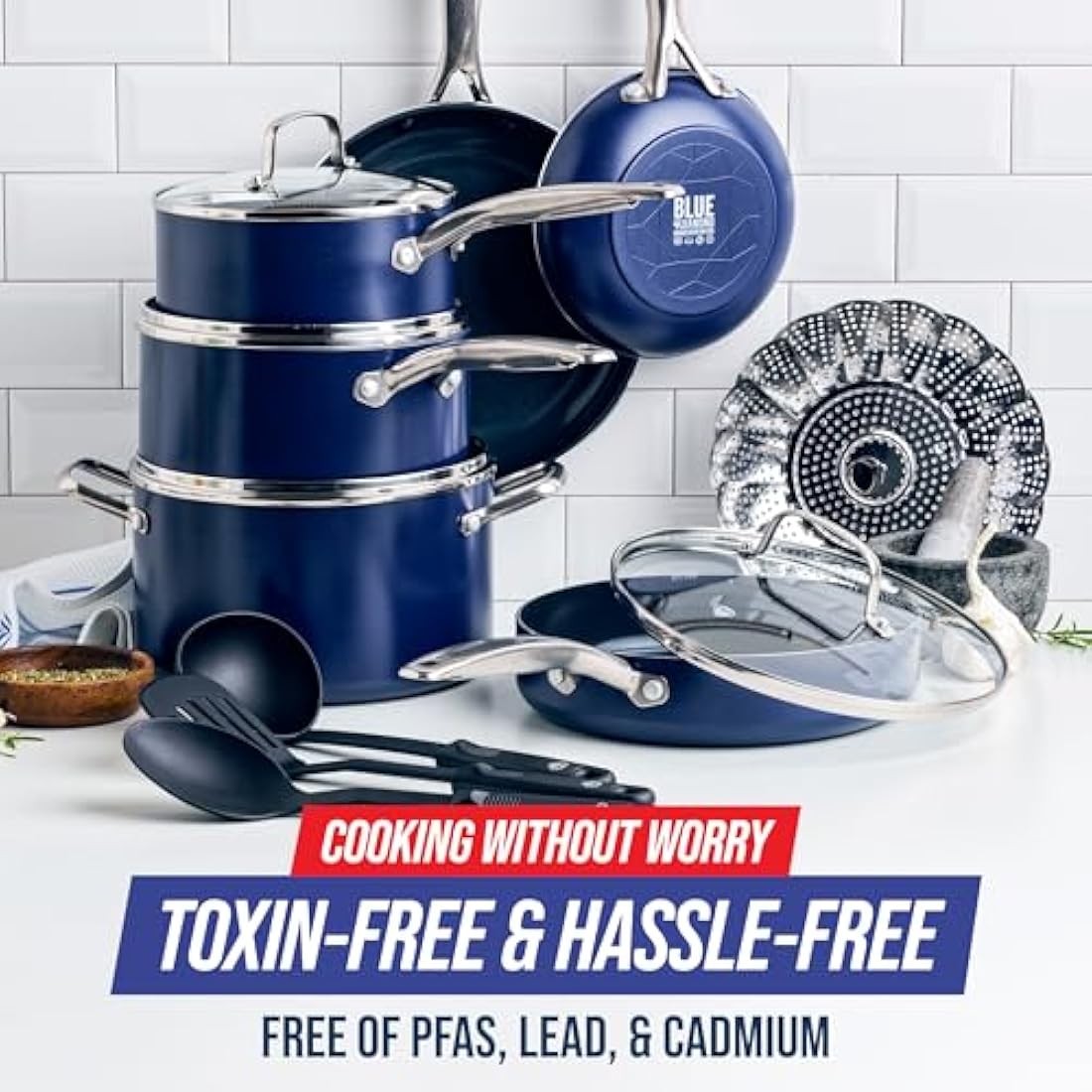 Blue Diamond Cookware Diamond Infused Ceramic Nonstick 14 Piece Cookware Pots and Pans Set, Includes Frying Pans, Sauté, Saucepans, Strainer, Stockpot, Utensils, PFAS-Free, Oven Safe, Blue