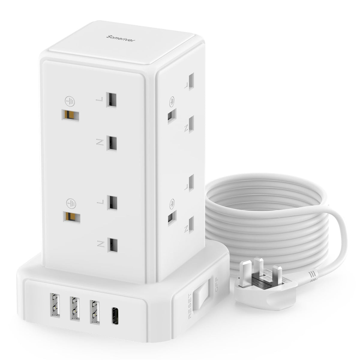 Tower Extension lead Surge Protection Extension Lead with Switch (13A 3250W) 8 AC Outlets & 4 USB Ports Plug Extension Socket Extension Cable 2M Mini