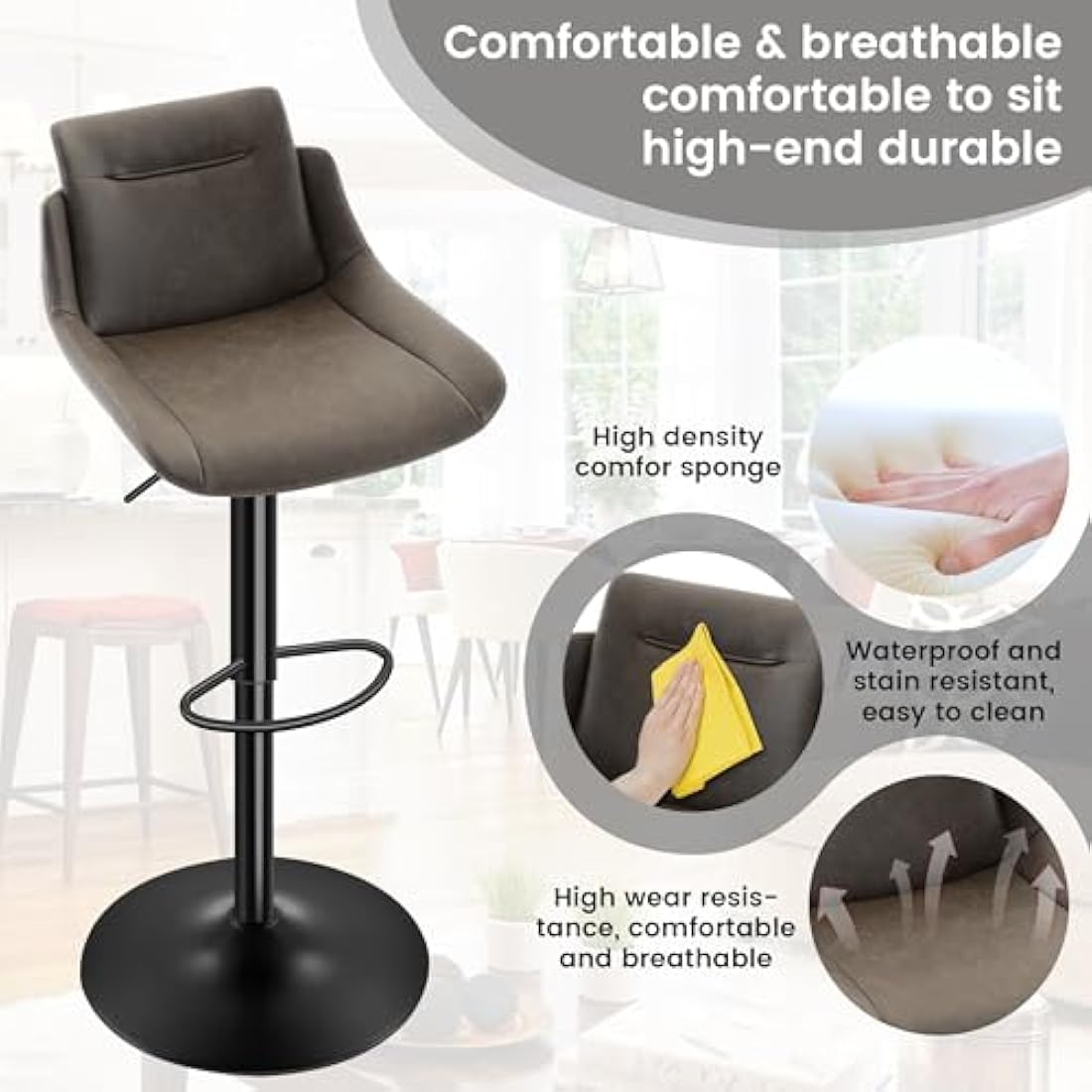 LXRADEO Bar Stools Set of 2 - PU Leather Height Adjustable With Backrest, Modern Swivel Kitchen Stools for Dining Room & Counter, Ergonomic Rotating Chairs With Wide Stable Base, Brown