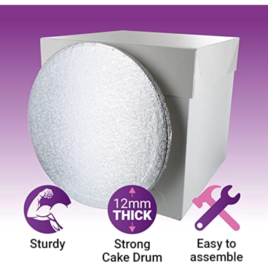 Culpitt 12" Round Silver Cake Drum Board & Tall White Box Combo, 12 x 12 x 12 Inch Square Box and Matching Circle Set for Tiered or Decorated Cake Transport