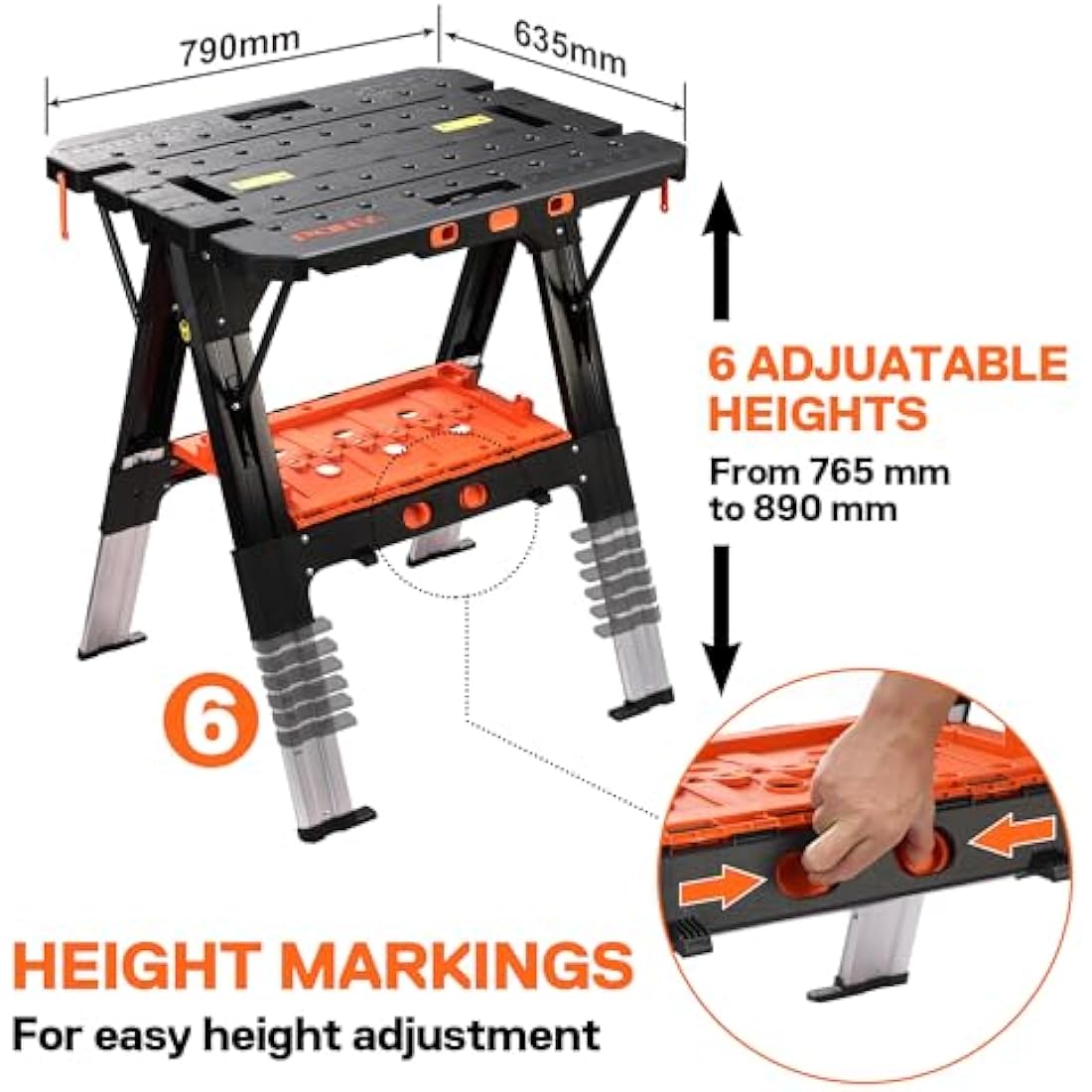 PONY 2-in-1 Folding Workbench, 227 kg Work Bench & 454 kg Saw Horse, 6 Adjustable Height Portable Work Table4 Quick Clamps, 4 Clamp Dogs & Tool Tray, 79 x 89 x 63.5 cm