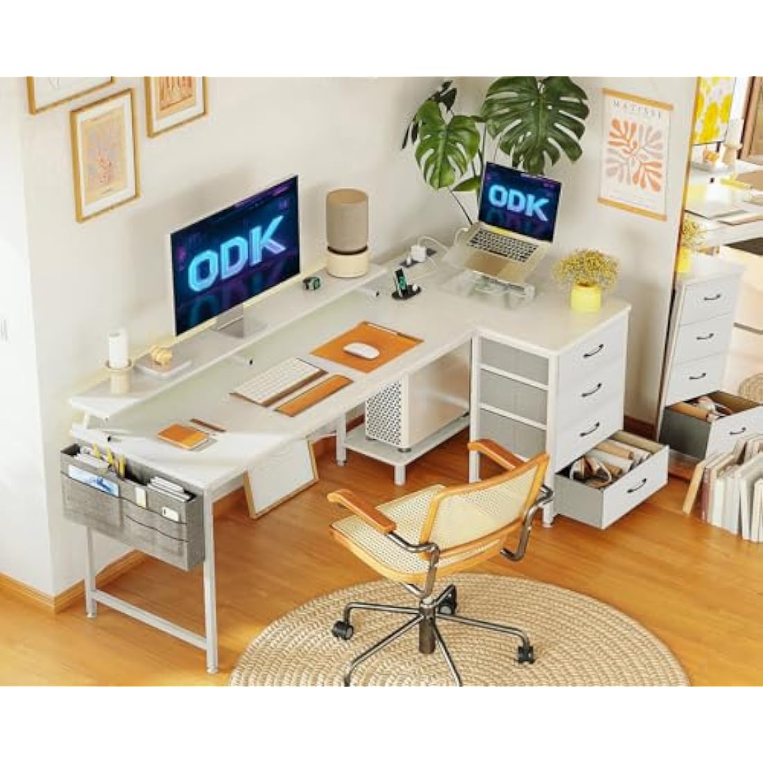 ODK Corner Desk with Drawers, L Shaped Computer Desk 160x80cm with USB Charging Port & Power Outlet, Home Office with Monitor Stand and PC Stand, Gaming Desks Workstations, White