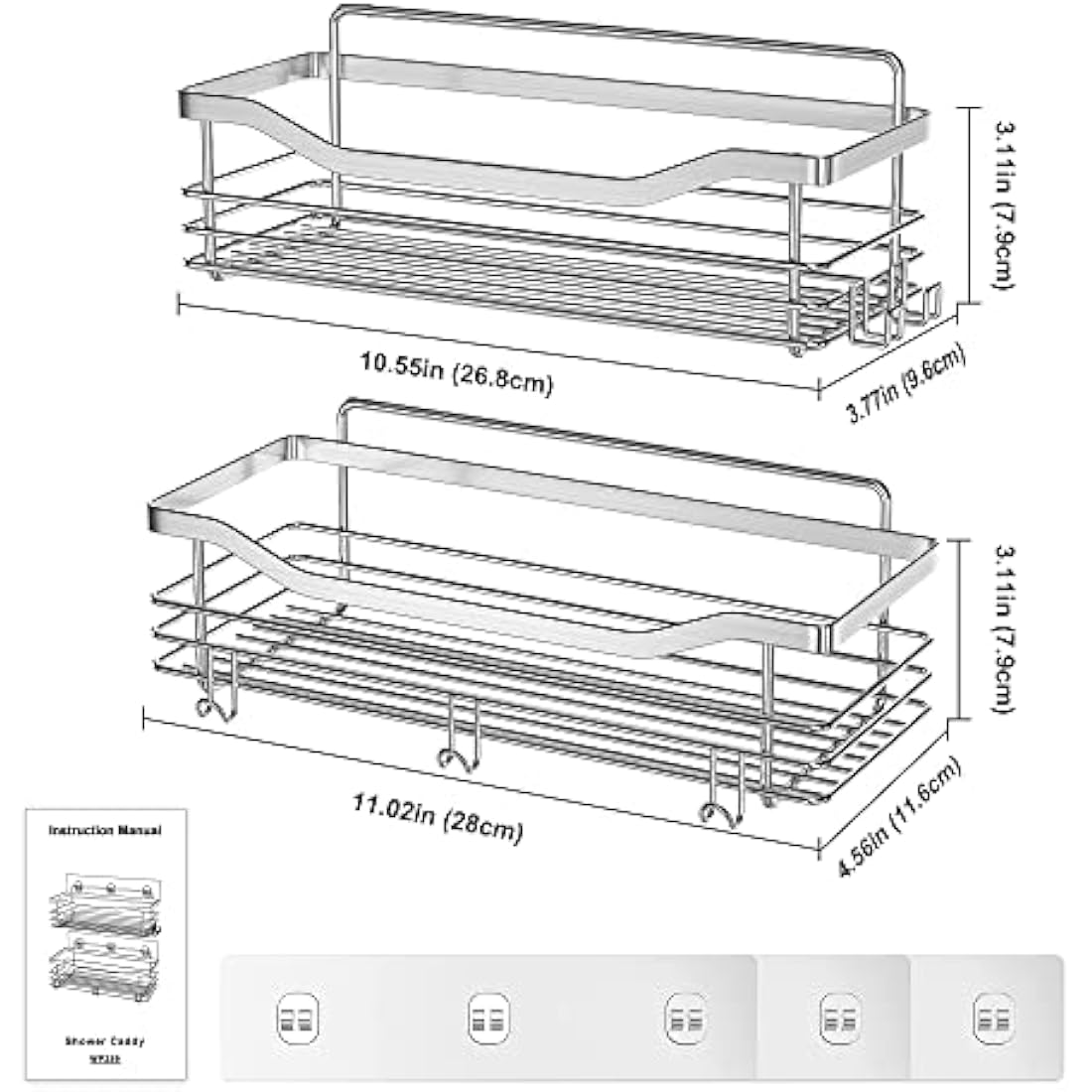 Orimade Shower Caddy No Drilling Stainless Steel Adhesive Shower Shelf for Shampoo Conditioner,Rustproof, 2 Pack (Silver)