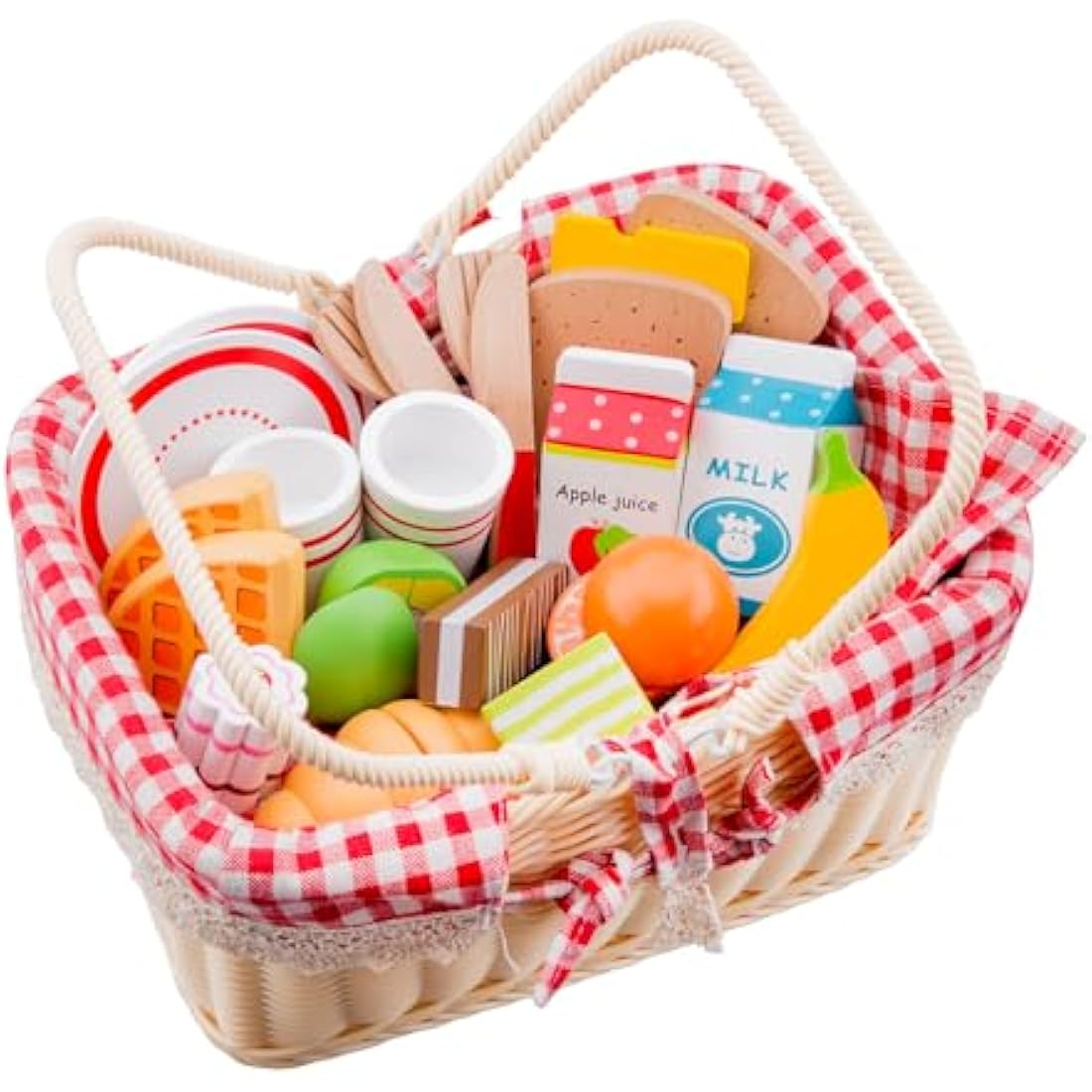 New Classic Toys - Wooden Picnic Basket with Pretend Food and Accessories - Montessori Toys, Wooden Food - Traditional Picnic Basket with Picnic Accessories - 1 Set, Black