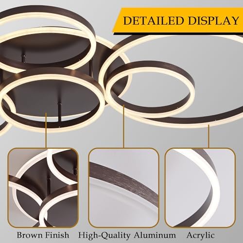 Minifair Dimmable Ceiling Light, 116Cm Flush Mount, 108W 6400Lm, 6 Rings, Brown, Living Room