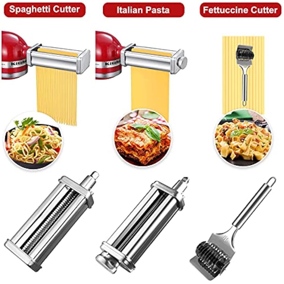 Pasta Maker Attachment Set for KitchenAid Stand Mixers Included Noodle Lattice Roller, Spaghetti Cutter, Pasta Roller and Cleaning Brush
