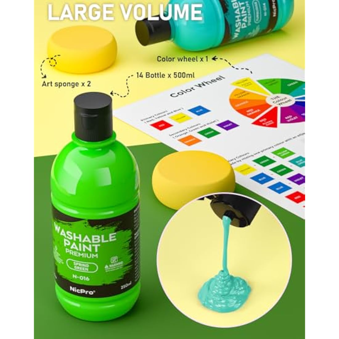 Nicpro 18 Colors Large Washable Paint Set (8.4oz,250 ml), Acrylic Bulk Supplies Non Toxic Children Tempera Paint for Art, Craft DIY, Poster & Finger Paint, School, Home,Classroom, Party