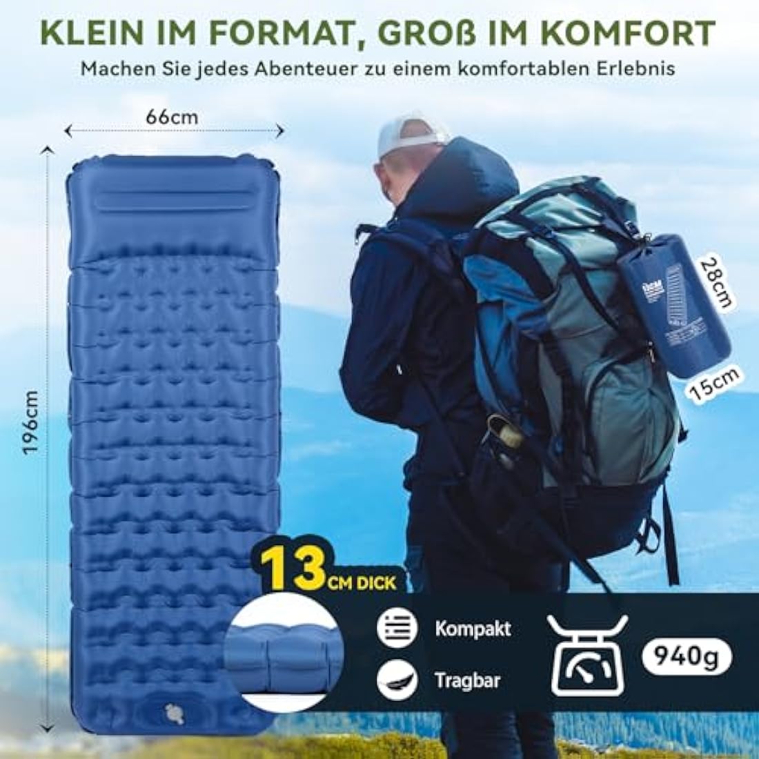 HIKENTURE Self-Inflating Sleeping Mat, 13 cm Ultra Thick Sleeping Mat Camping with Cushion, Inflatable Air Mattress, Small Pack Size, Ultralight Sleeping Mat with Foot Pump for Outdoor, Hiking, Tent,