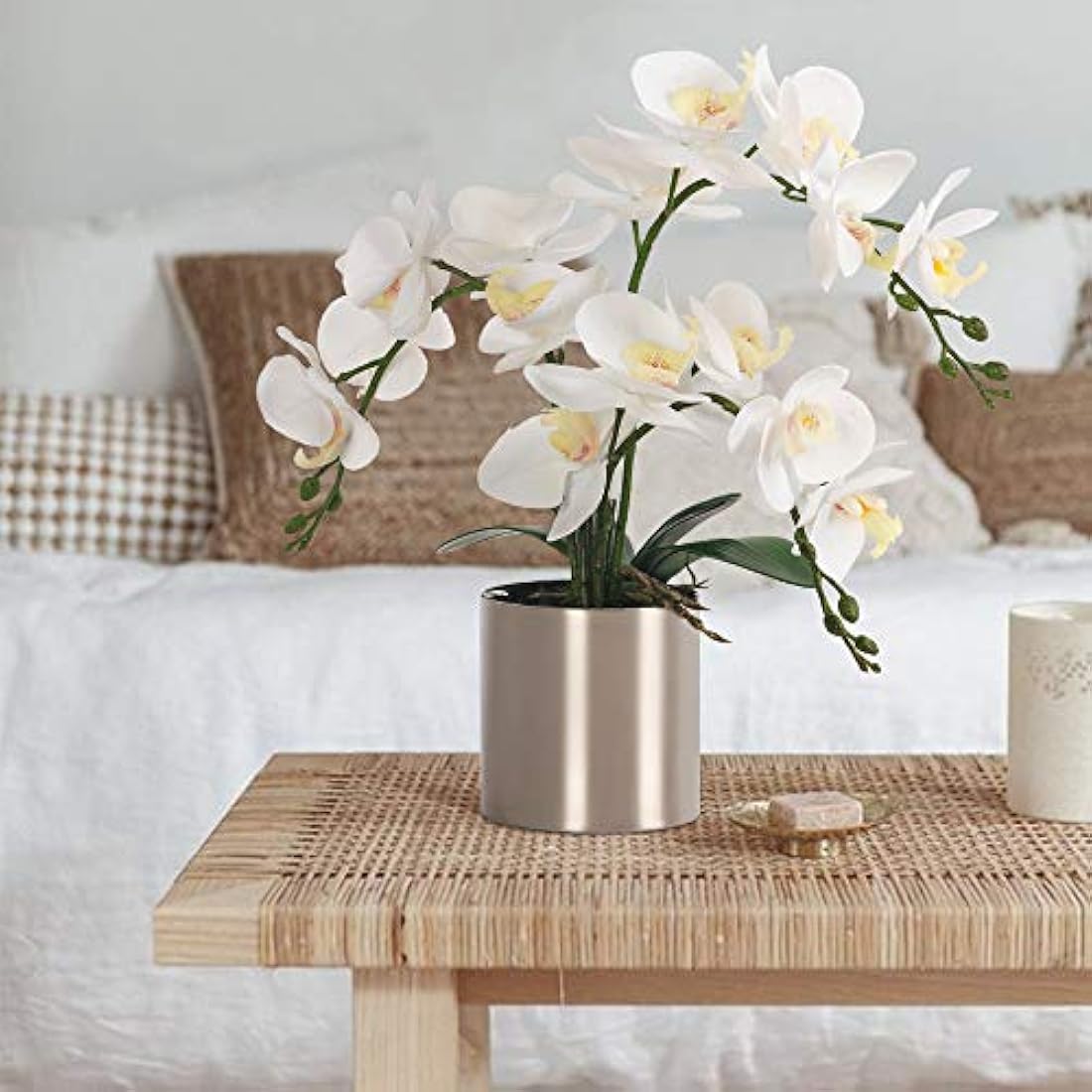 LESING Artificial Orchid Flower with Vase, White Orchid Bonsai Faux Orchid Phalaenopsis Plant Pot Arrangements for Home Decoration (White,Silver Vase)