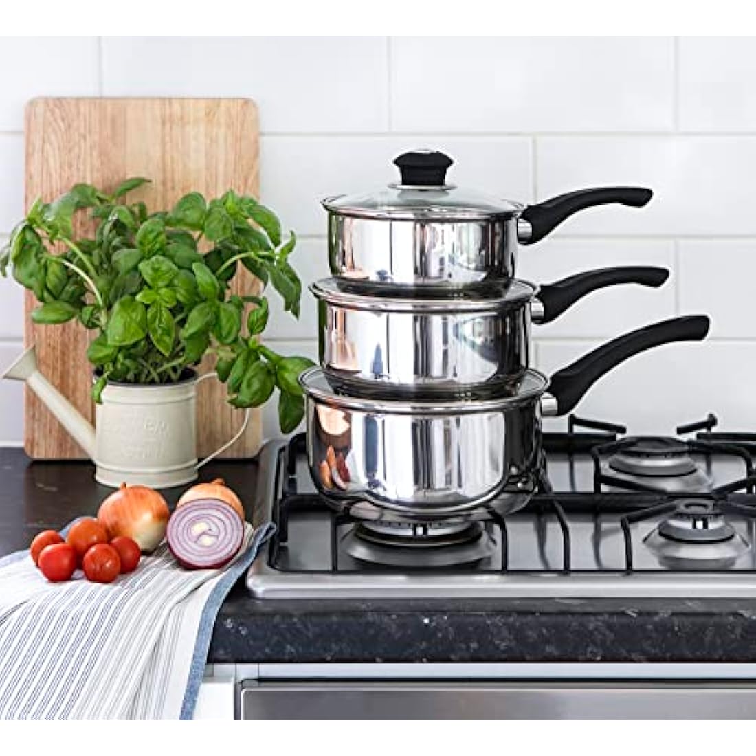 Supreme Vision SS2501 3pc Stainless Sauce pan Set with Glass Lids, Stainlees Steel, 41 x 27 x 5.5 cm