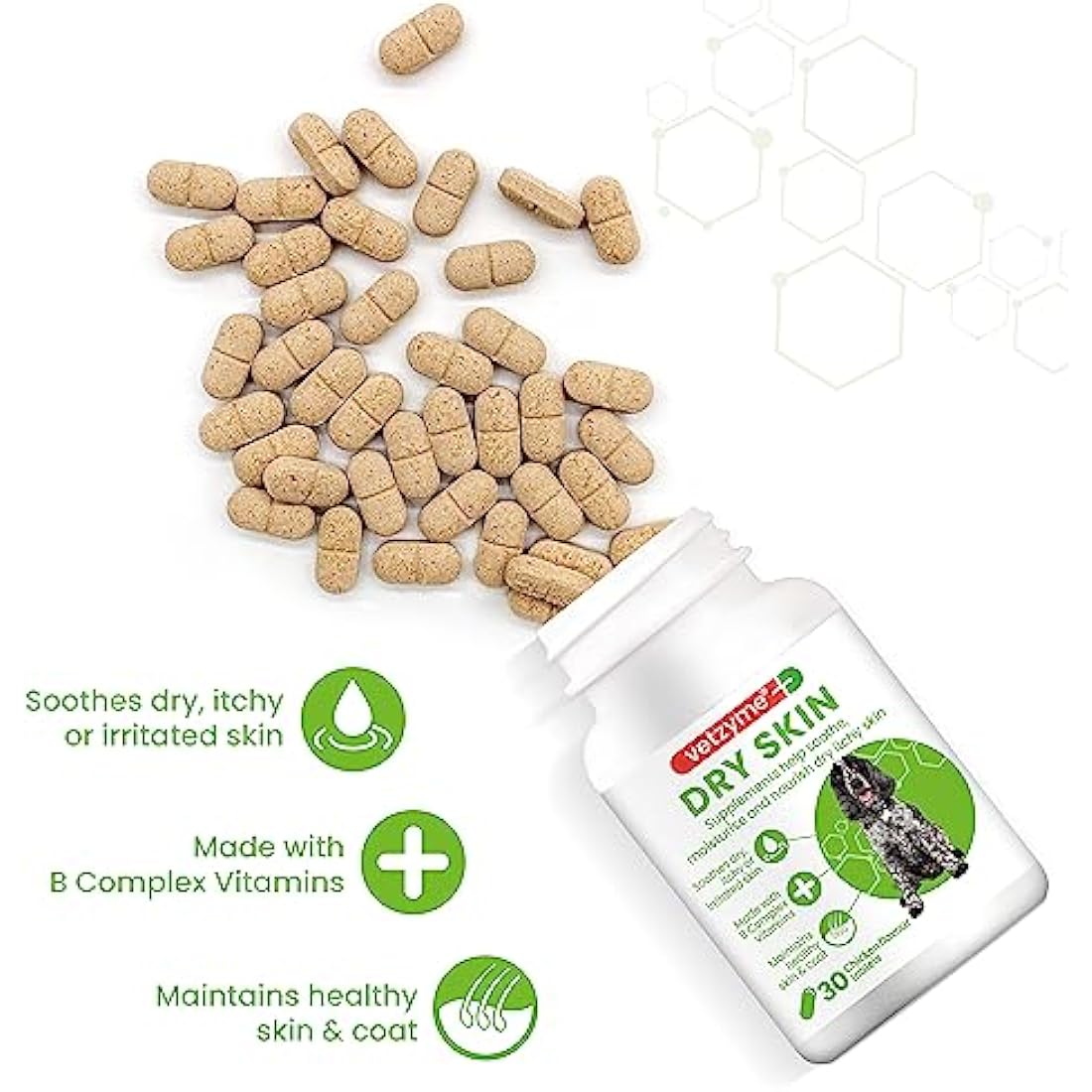 Vetzyme Dry Skin Tablets for Dogs (30 Tablets) - Dry and Itchy Skin Relief, Promotes Healthy and Smooth Skin, Tasty Chicken Flavour