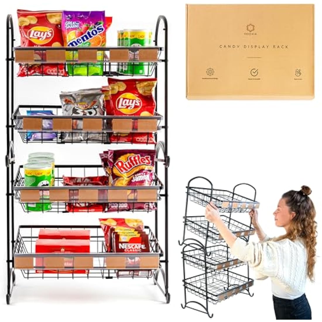 Candy Display Rack | Stackable Candy Organiser | Snack Organiser For Countertop | Snack Display Shelf And Chip Rack For Shops | Snack Stand For Office or Home