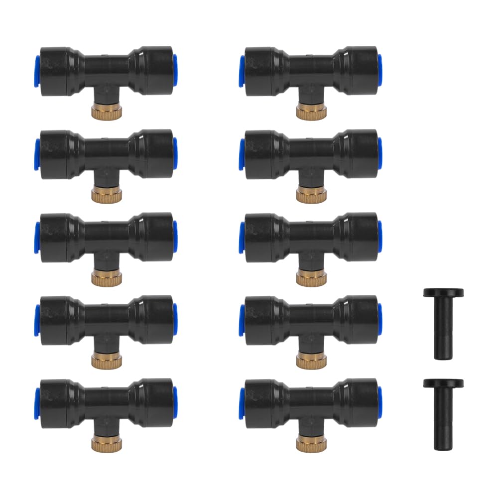 VOANZO 10 Pieces T-Piece Water Pipe Connector with Brass Mist Nozzles - Irrigation System Sprayer Sprinkler Spray Nozzle T-Connector for Outdoor